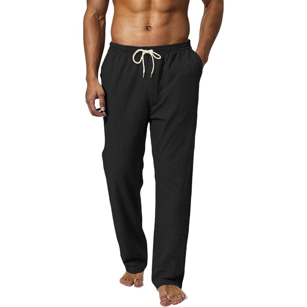 imageMens Linen Pants Casual Beach Yoga Pants Elastic Waist Drawstring Straight Leg Loose Lightweight Trousers with PocketsBlack
