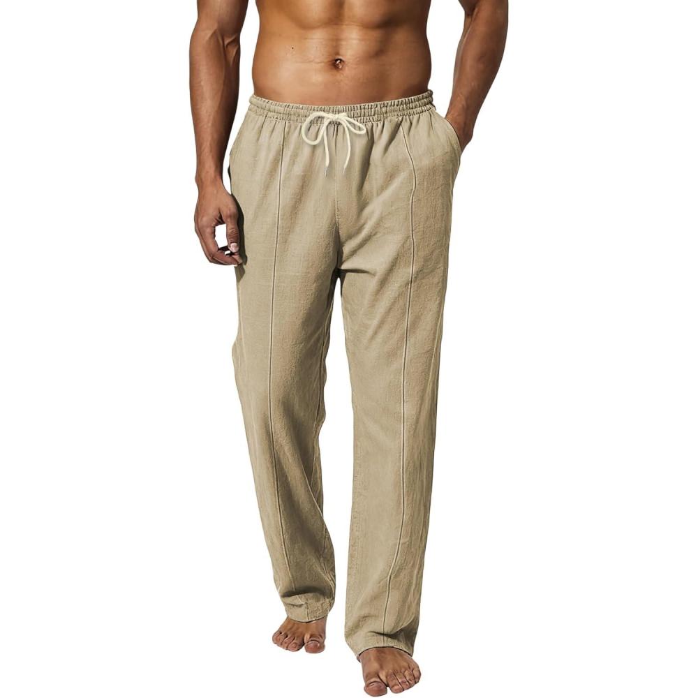 imageMens Linen Pants Casual Beach Yoga Pants Elastic Waist Drawstring Straight Leg Loose Lightweight Trousers with PocketsKhaki