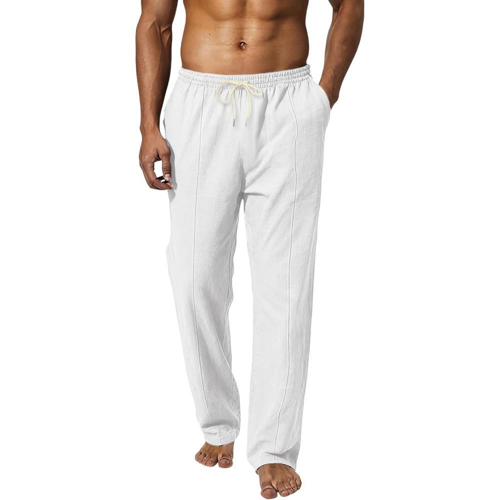 imageMens Linen Pants Casual Beach Yoga Pants Elastic Waist Drawstring Straight Leg Loose Lightweight Trousers with PocketsWhite