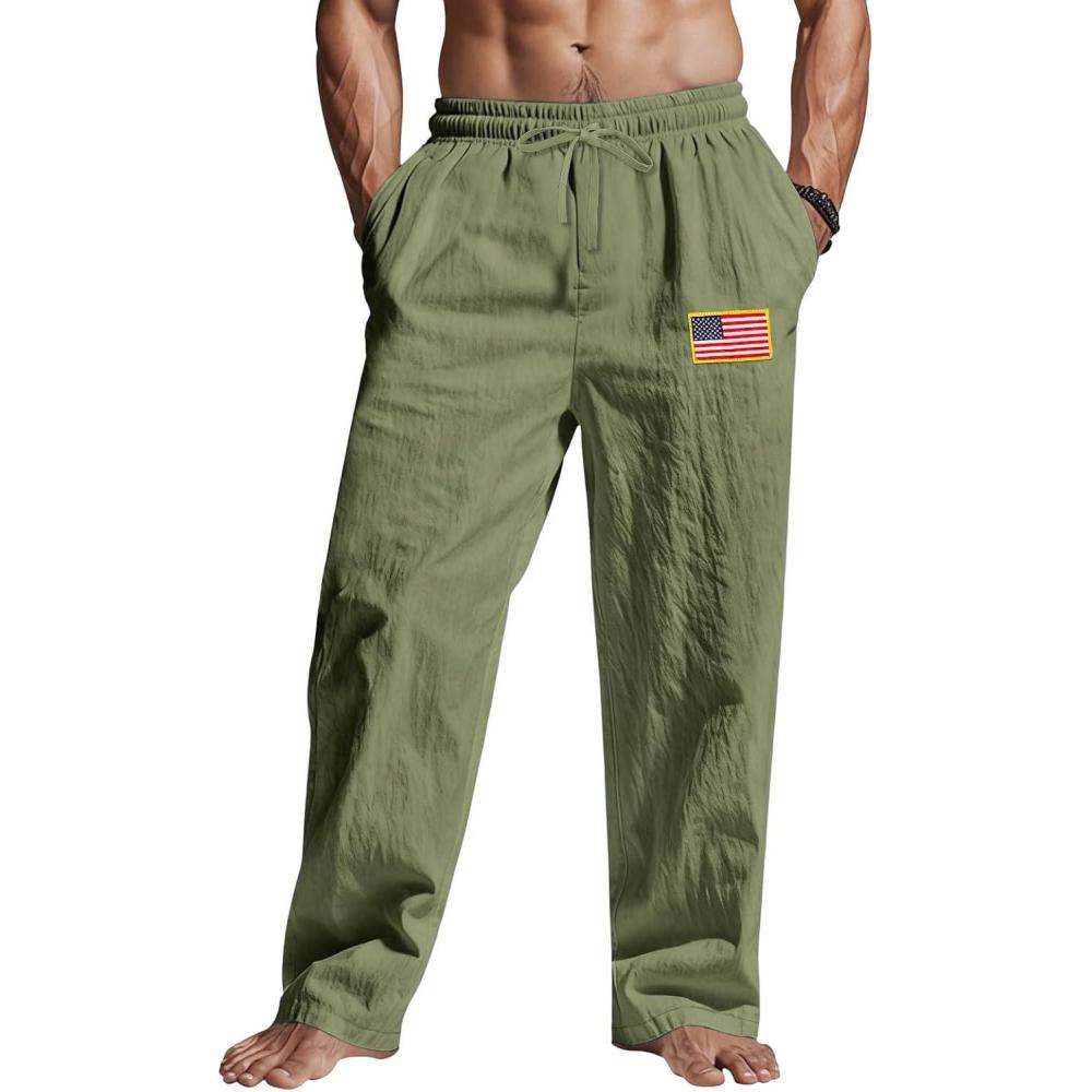 imageMens Linen Pants Elastic Waist Drawstring Summer Beach Yoga Pants Wide Leg Trousers with Flag LabelArmy Green