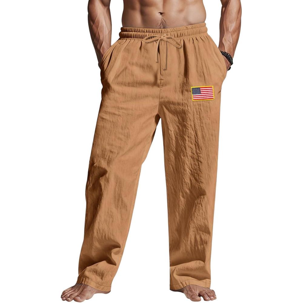 imageMens Linen Pants Elastic Waist Drawstring Summer Beach Yoga Pants Wide Leg Trousers with Flag LabelOrange