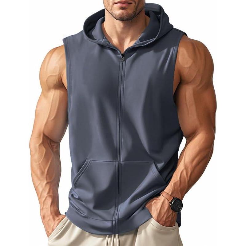 imageMens Workout Hooded Tank Tops Zip Up Sleeveless Gym Shirts Bodybuilding Hoodies Muscle Cut Off T ShirtDark Grey