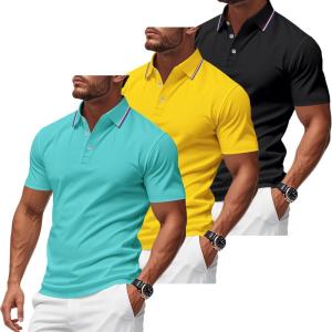 3 Pack Men’s Polo Shirts Quick-Dry Short Sleeve Athletic Polo Shirts Moisture Wicking Business Casual Golf Shirts(02black/Peacock Blue/Yellow)