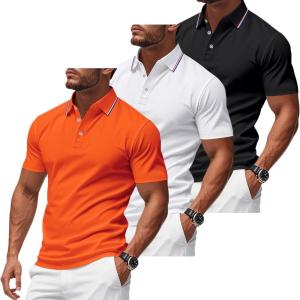 3 Pack Men’s Polo Shirts Quick-Dry Short Sleeve Athletic Polo Shirts Moisture Wicking Business Casual Golf Shirts(02black/White/Orange)