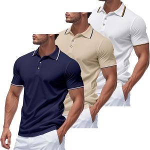 3 Pack Men’s Polo Shirts Quick-Dry Short Sleeve Athletic Polo Shirts Moisture Wicking Business Casual Golf Shirts(03white/Khaki/Navy)