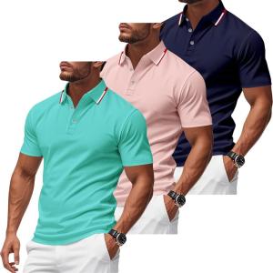 3 Pack Men’s Polo Shirts Quick-Dry Short Sleeve Athletic Polo Shirts Moisture Wicking Business Casual Golf Shirts(04lake Blue/Pink/Navy)