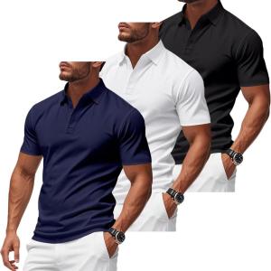 3 Pack Men’s Polo Shirts Quick-Dry Short Sleeve Athletic Polo Shirts Moisture Wicking Business Casual Golf Shirts(Black/White/Navy)