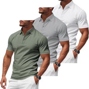 3 Pack Men’s Polo Shirts Quick-Dry Short Sleeve Athletic Polo Shirts Moisture Wicking Business Casual Golf Shirts(Grey/White/Green)