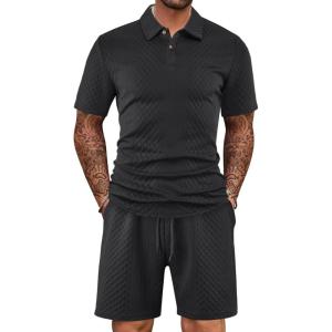 Mens 2 Piece Outfits Polo Shirt and Shorts Set Short Sleeve Tracksuits Casual Athletic Jogging Summer Outfits(Black)