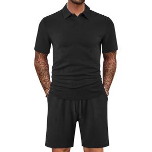 Mens 2 Piece Outfits Polo Shirt and Shorts Set Short Sleeve Tracksuits Casual Athletic Jogging Summer Outfits(Black-2)