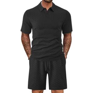 Mens 2 Piece Outfits Polo Shirt and Shorts Set Short Sleeve Tracksuits Casual Athletic Jogging Summer Outfits(Black-3)