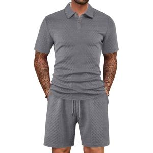 Mens 2 Piece Outfits Polo Shirt and Shorts Set Short Sleeve Tracksuits Casual Athletic Jogging Summer Outfits(Grey)