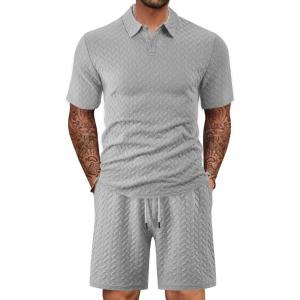 Mens 2 Piece Outfits Polo Shirt and Shorts Set Short Sleeve Tracksuits Casual Athletic Jogging Summer Outfits(Grey-1)