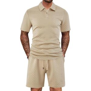 Mens 2 Piece Outfits Polo Shirt and Shorts Set Short Sleeve Tracksuits Casual Athletic Jogging Summer Outfits(Khaki)