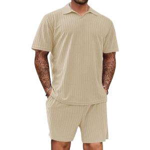 Mens 2 Piece Outfits Polo Shirt and Shorts Set Short Sleeve Tracksuits Casual Athletic Jogging Summer Outfits(Khaki-1)