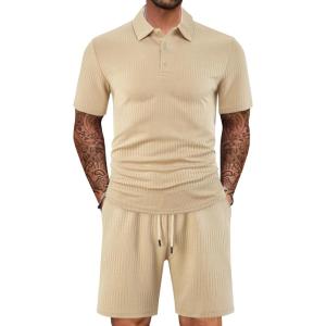 Mens 2 Piece Outfits Polo Shirt and Shorts Set Short Sleeve Tracksuits Casual Athletic Jogging Summer Outfits(Khaki-2)