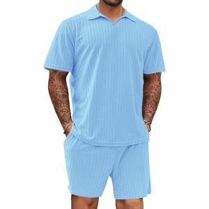 Mens 2 Piece Outfits Polo Shirt and Shorts Set Short Sleeve Tracksuits Casual Athletic Jogging Summer Outfits(Light Blue)