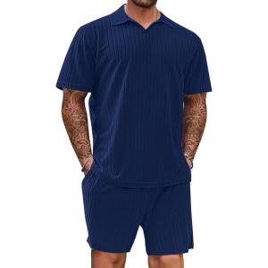 Mens 2 Piece Outfits Polo Shirt and Shorts Set Short Sleeve Tracksuits Casual Athletic Jogging Summer Outfits(Navy)