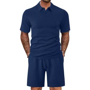 Mens 2 Piece Outfits Polo Shirt and Shorts Set Short Sleeve Tracksuits Casual Athletic Jogging Summer Outfits(Navy-2)