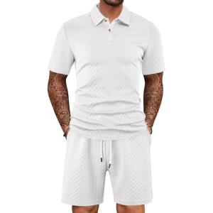 Mens 2 Piece Outfits Polo Shirt and Shorts Set Short Sleeve Tracksuits Casual Athletic Jogging Summer Outfits(White)
