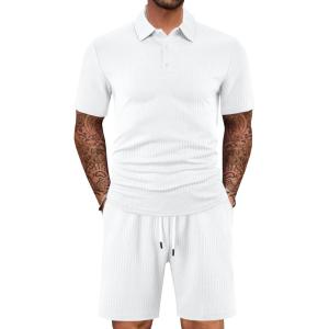 Mens 2 Piece Outfits Polo Shirt and Shorts Set Short Sleeve Tracksuits Casual Athletic Jogging Summer Outfits(White-1)