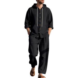 Men’s 2 Pieces Cotton Linen Set Casual Long Sleeve Henley Shirts Beach Yoga Pants Summer Outfits(Black)