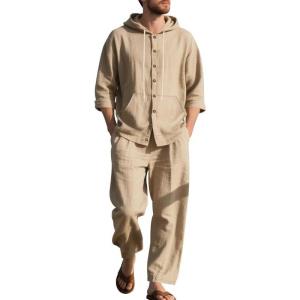 Men’s 2 Pieces Cotton Linen Set Casual Long Sleeve Henley Shirts Beach Yoga Pants Summer Outfits(Khaki)