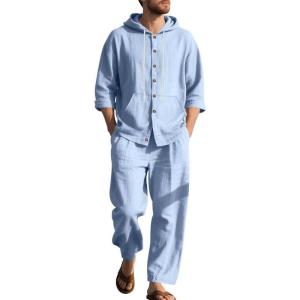 Men’s 2 Pieces Cotton Linen Set Casual Long Sleeve Henley Shirts Beach Yoga Pants Summer Outfits(Light Blue)