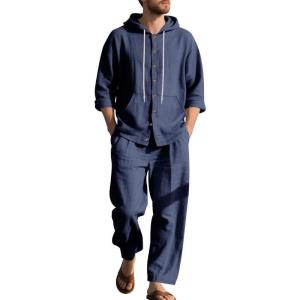 Men’s 2 Pieces Cotton Linen Set Casual Long Sleeve Henley Shirts Beach Yoga Pants Summer Outfits(Navy)