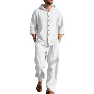 Men’s 2 Pieces Cotton Linen Set Casual Long Sleeve Henley Shirts Beach Yoga Pants Summer Outfits(White)