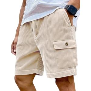 Mens Cargo Shorts Casual Drawstring Elastic Waist Corduroy Summer Beach Shorts with Pockets(Apricot)
