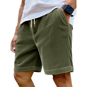 Mens Cargo Shorts Casual Drawstring Elastic Waist Corduroy Summer Beach Shorts with Pockets(Army Green-1)
