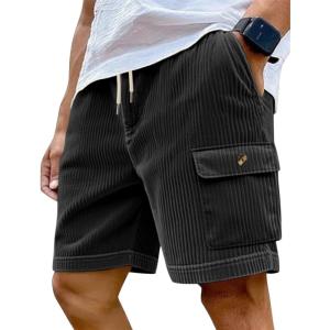 Mens Cargo Shorts Casual Drawstring Elastic Waist Corduroy Summer Beach Shorts with Pockets(Black)
