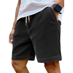 Mens Cargo Shorts Casual Drawstring Elastic Waist Corduroy Summer Beach Shorts with Pockets(Black-1)