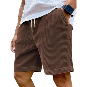 Mens Cargo Shorts Casual Drawstring Elastic Waist Corduroy Summer Beach Shorts with Pockets(Brown-1)