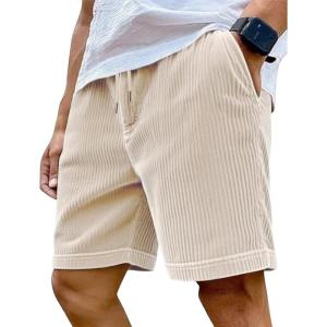 Mens Cargo Shorts Casual Drawstring Elastic Waist Corduroy Summer Beach Shorts with Pockets(Khaki)