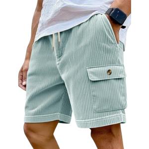 Mens Cargo Shorts Casual Drawstring Elastic Waist Corduroy Summer Beach Shorts with Pockets(Light Blue)