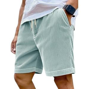 Mens Cargo Shorts Casual Drawstring Elastic Waist Corduroy Summer Beach Shorts with Pockets(Light Blue-1)
