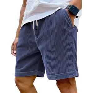 Mens Cargo Shorts Casual Drawstring Elastic Waist Corduroy Summer Beach Shorts with Pockets(Navy Blue-1)