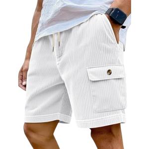 Mens Cargo Shorts Casual Drawstring Elastic Waist Corduroy Summer Beach Shorts with Pockets(White)