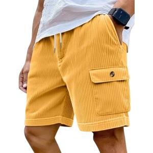 Mens Cargo Shorts Casual Drawstring Elastic Waist Corduroy Summer Beach Shorts with Pockets(Yellow)