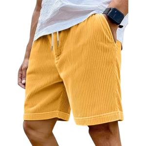 Mens Cargo Shorts Casual Drawstring Elastic Waist Corduroy Summer Beach Shorts with Pockets(Yellow-1)
