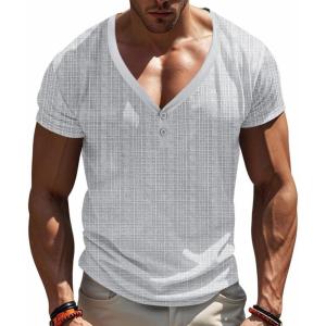 Mens Casual Deep V-Neck T-Shirts Henley Shirt Dry Fit Short Sleeve Mens Casual Waffle Textural Summer T-Shirt(Grey)
