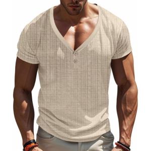 Mens Casual Deep V-Neck T-Shirts Henley Shirt Dry Fit Short Sleeve Mens Casual Waffle Textural Summer T-Shirt(Khaki)