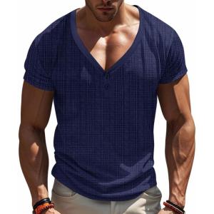 Mens Casual Deep V-Neck T-Shirts Henley Shirt Dry Fit Short Sleeve Mens Casual Waffle Textural Summer T-Shirt(Navy)