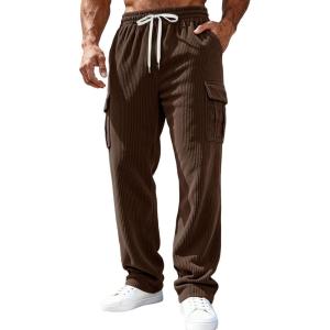 Men’s Corduroy Pants Casual Cargo Pants Elastic Drawstring Waist Sweatpants with Multi Pockets(Brown)