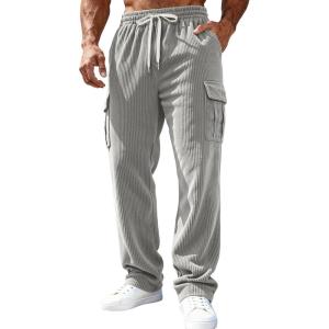 Men’s Corduroy Pants Casual Cargo Pants Elastic Drawstring Waist Sweatpants with Multi Pockets(Grey)