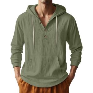 Men’s Linen Hoodie Lightweight Hawaiian Shirt Casual Beach Shirt with Pockets(Army Green)