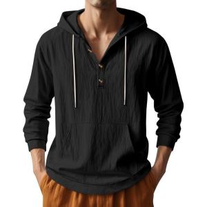 Men’s Linen Hoodie Lightweight Hawaiian Shirt Casual Beach Shirt with Pockets(Black)