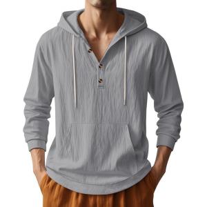 Men’s Linen Hoodie Lightweight Hawaiian Shirt Casual Beach Shirt with Pockets(Grey)